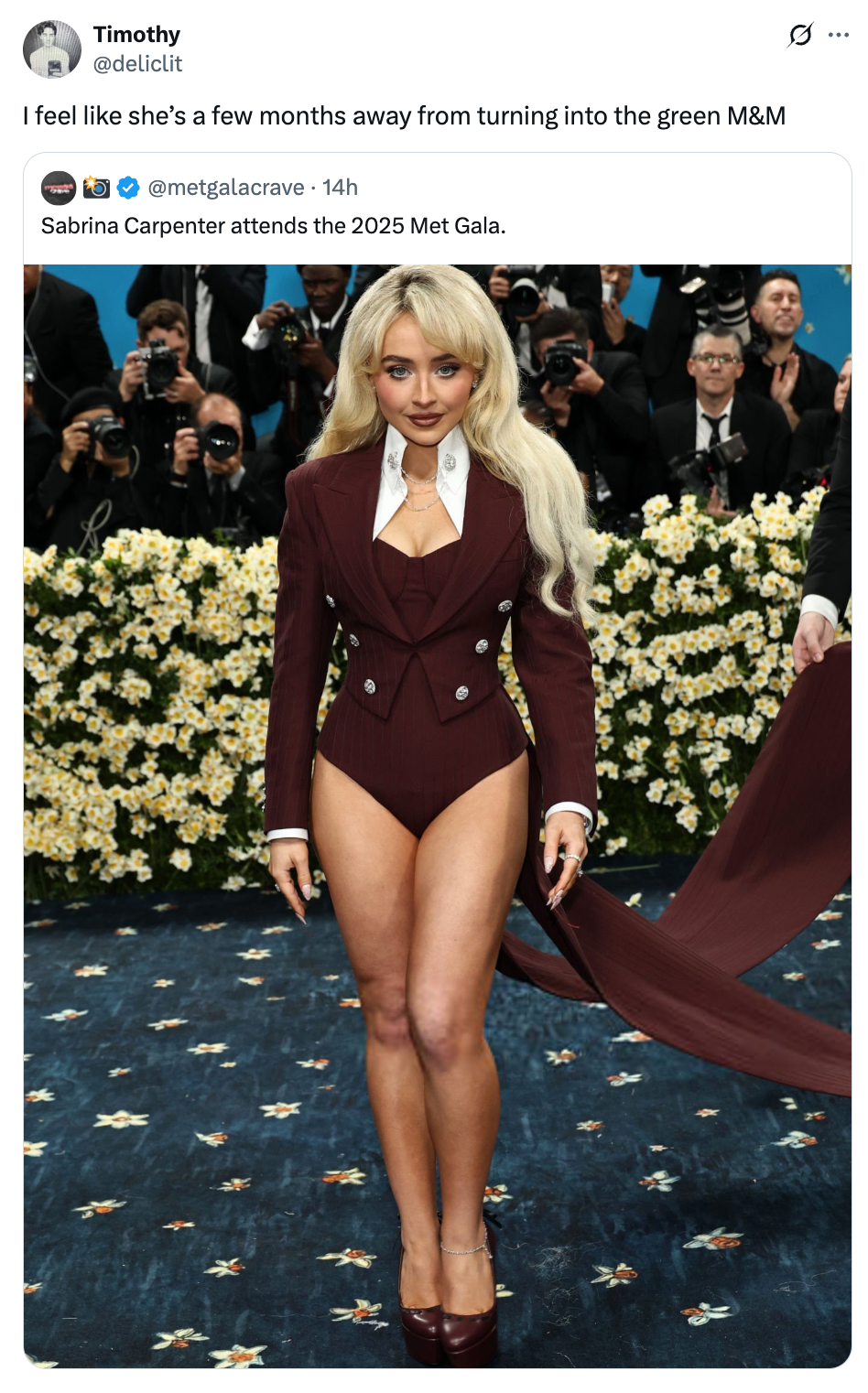 Celebrity in a stylish, form-fitting burgundy outfit with long sleeves and a flowing train at a red carpet event