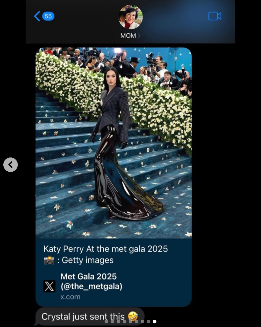 Text conversation about a Getty image showing a person in a pinstripe jacket and glossy black skirt on the Met Gala 2025 carpet