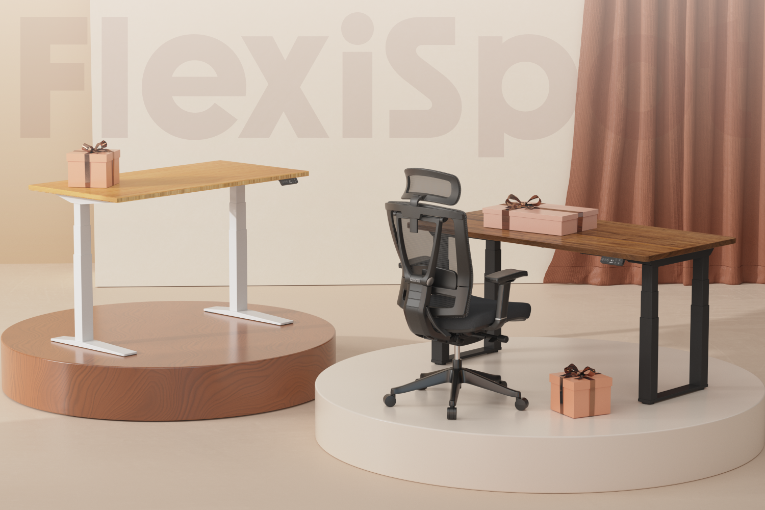 Two standing desks and an ergonomic chair on display platforms, each with a wrapped gift box placed on top. The word "Flexispot" is in the background