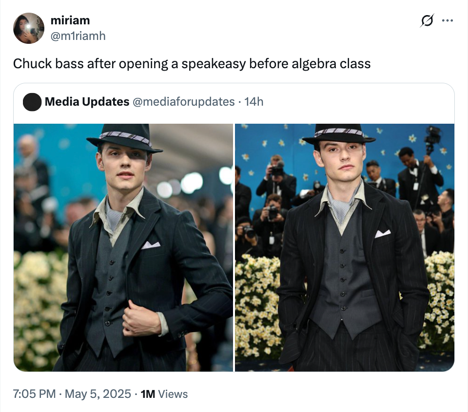Person in period-style suit and hat on a formal blue carpeted event, striking classic poses