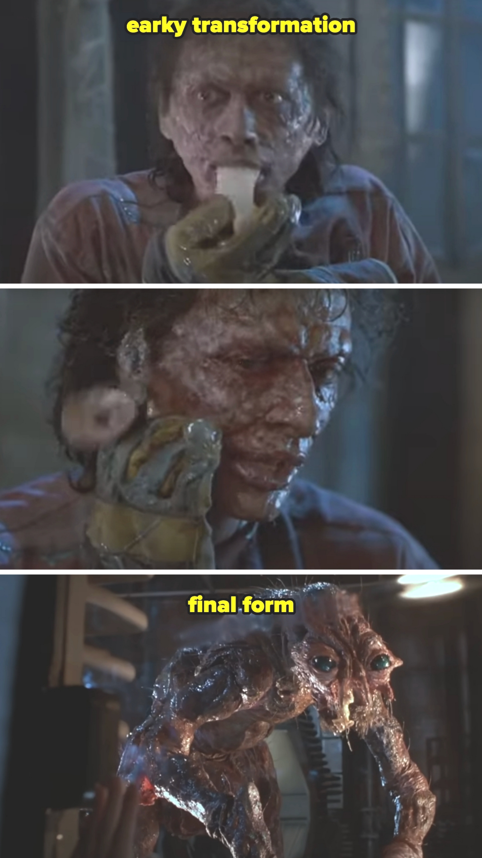 Three stages of Jeff's grotesque transformation into a creature, progressing from partially to completely altered form