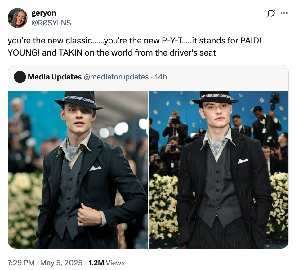 Person in classic style suit and fedora poses at an event. A tweet praises them as a rising star who is making an impact