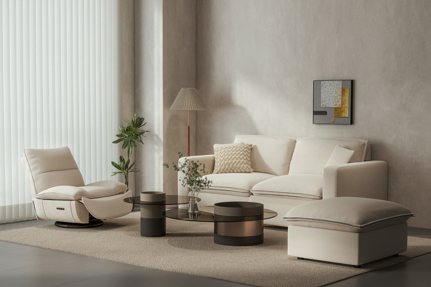 Modern living room with a white sofa, sleek lounge chair, round glass coffee table, small plant, lamp, and abstract wall art