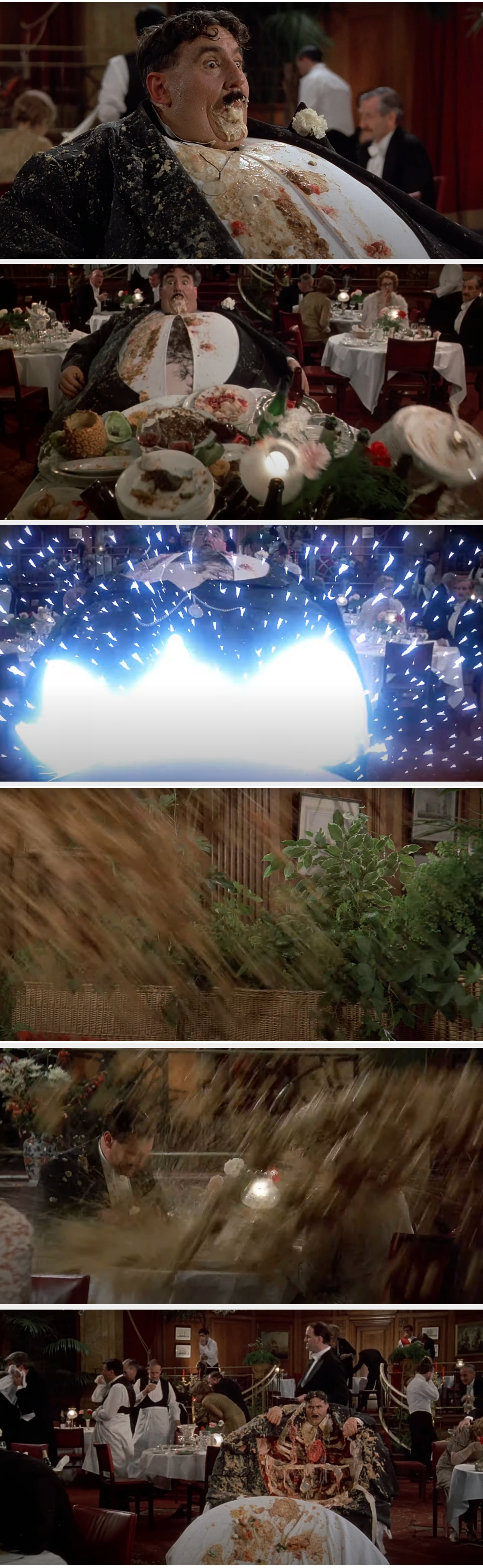 Mr. Creosote eats so much that he explodes, covering the restaurant in vomit