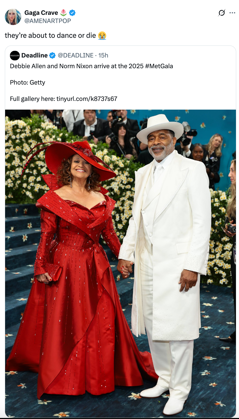Debbie Allen and Norm Nixon at the 2025 Met Gala. Debbie wears a dramatic red gown and hat; Norm is in a stylish white suit and hat