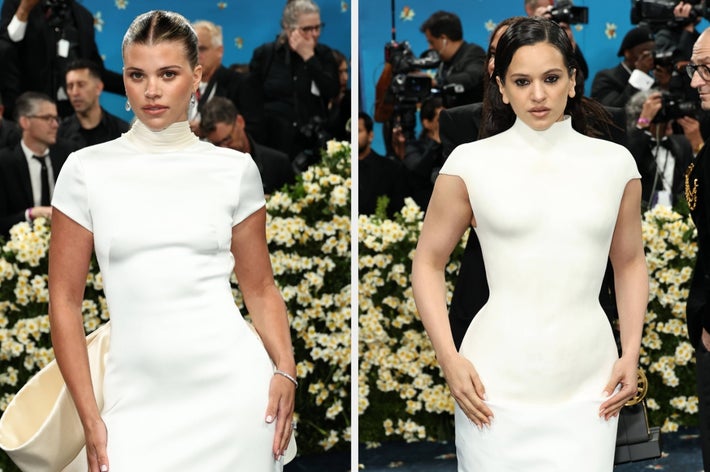 Side-by-side photos of Sofia Richie and Rosalía wearing very similar white dresses at the 2025 Met Gala