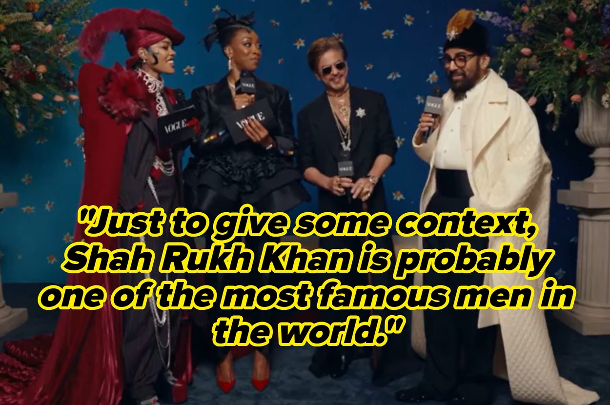 Four people are holding microphones, engaged in conversation. A quote reads, "Just to give some context, Shah Rukh Khan is probably one of the most famous men in the world."