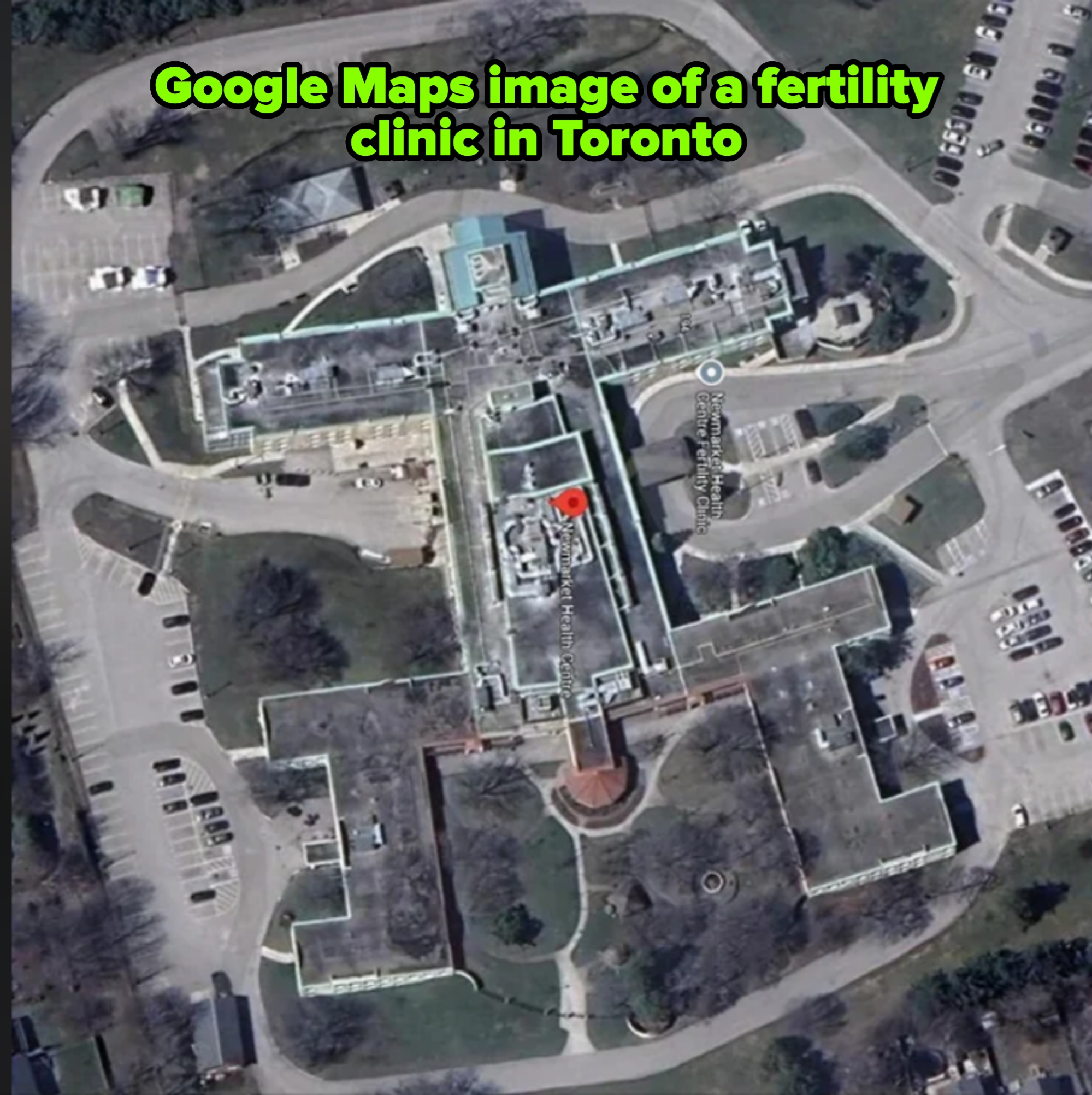 Aerial view of a fertility clinic; the layout looks phallic