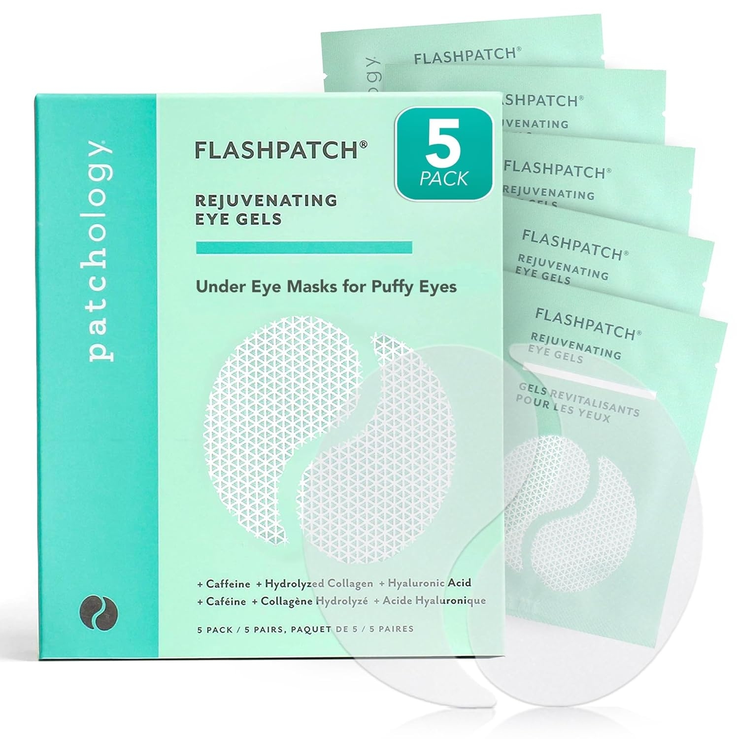 Patchology FlashPatch Rejuvenating Eye Gels, 5-pack, under-eye masks for puffiness, featuring caffeine, collagen, hyaluronic acid