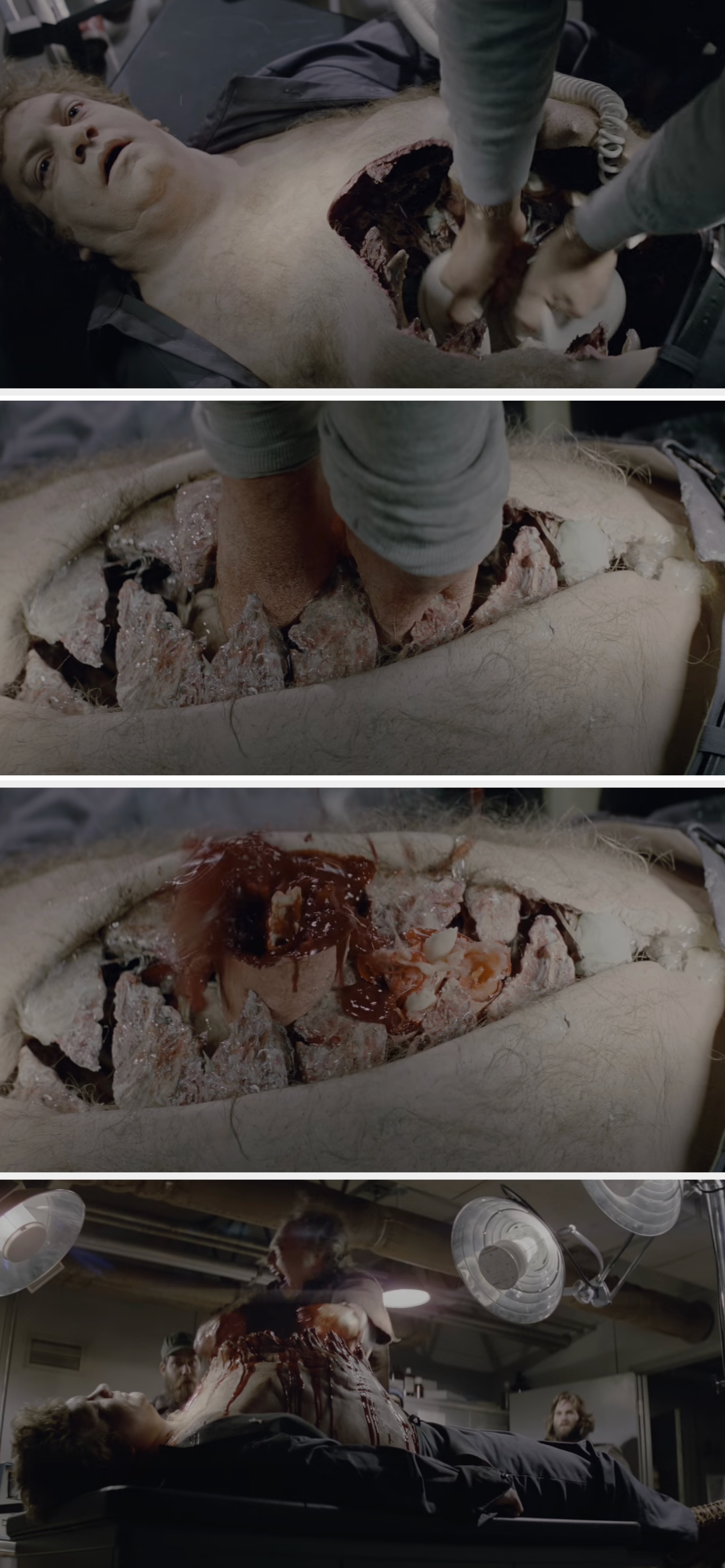 a mouth opens from Charles's body and bites off Richard's hands