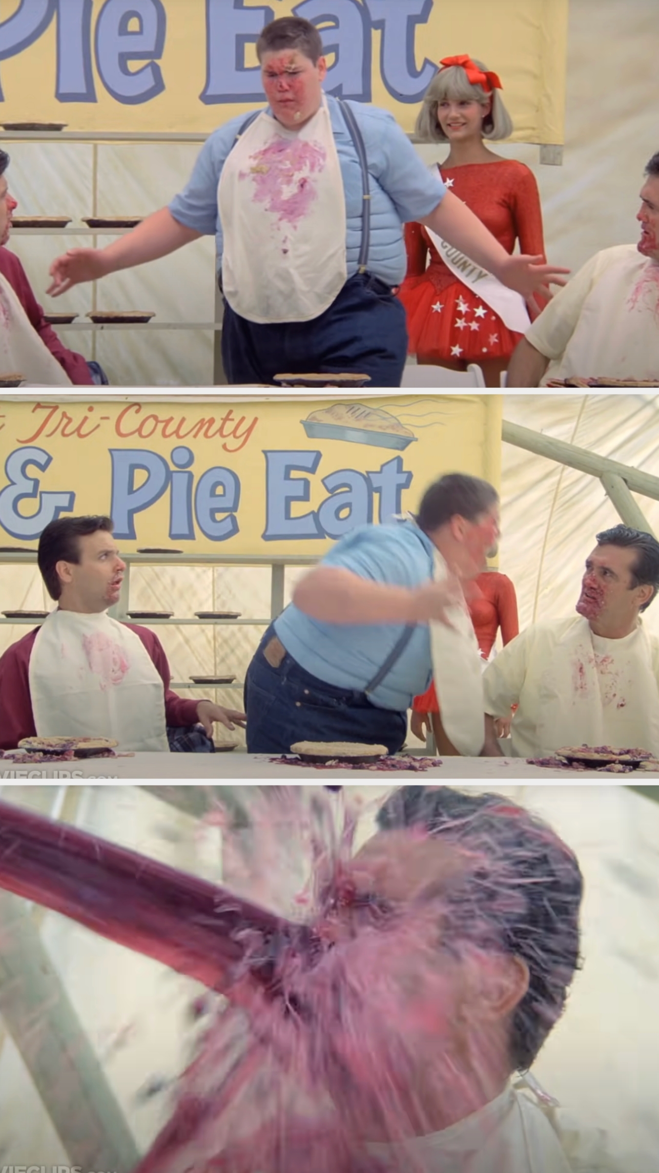 Andy projectile vomits blueberry puke at the man sitting next to him