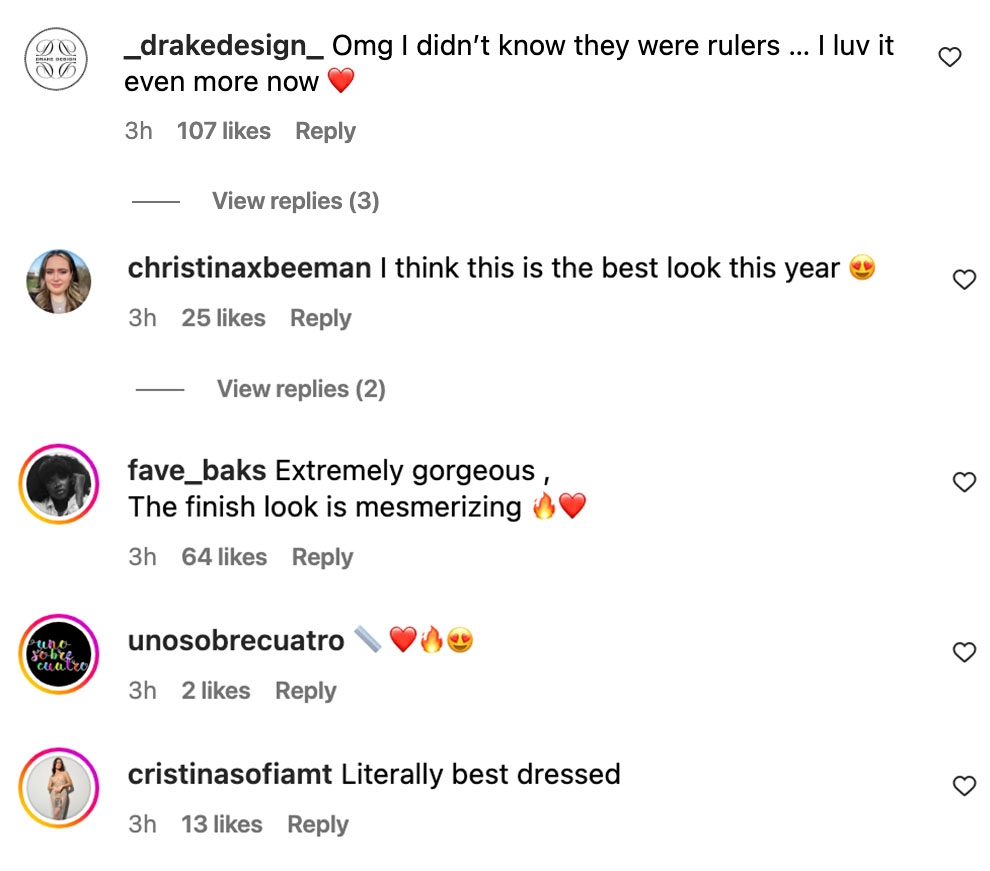 Social media comments praising Jenna's Met Gala red carpet look, highlighting appreciation and admiration for their style