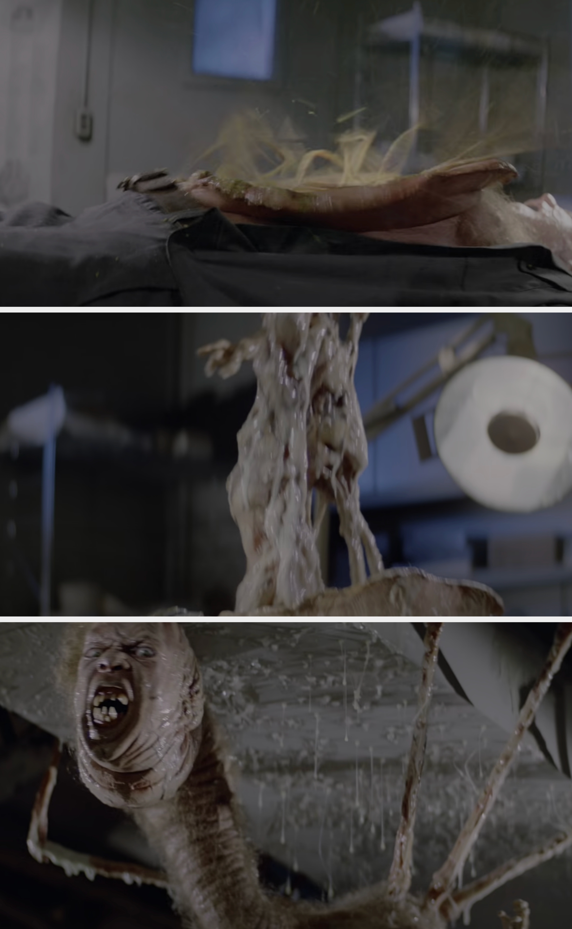 A terrifying creature with Charles's head and spidery legs emerges from the body