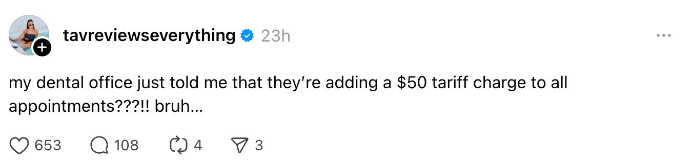 Post by user expressing surprise at a dental office adding a $50 tariff charge to all appointments