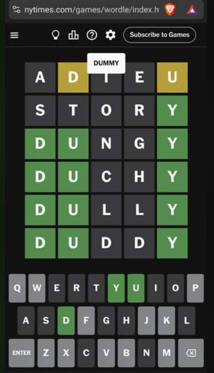 Wordle game with the answer "DUMMY"…however, it appears the game is calling the player a dummy for not getting the word