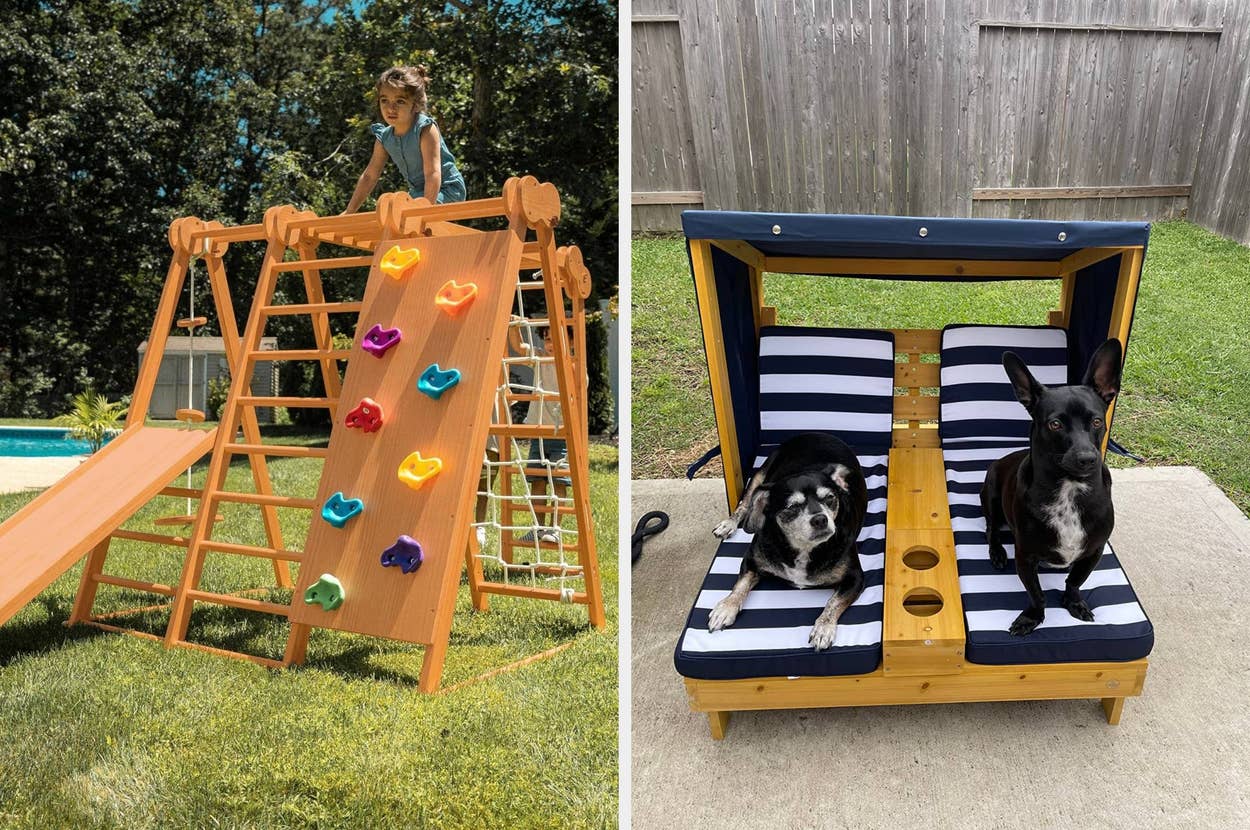 Child climbing on a playground set; two dogs sitting on a wooden pet bed with striped cushion