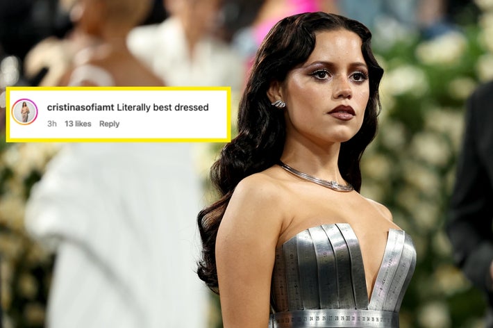 Jenna Ortega in a stylish metallic gown at the Met Gala. Social media comment beside reads, &ldquo;Literally best dressed&rdquo;