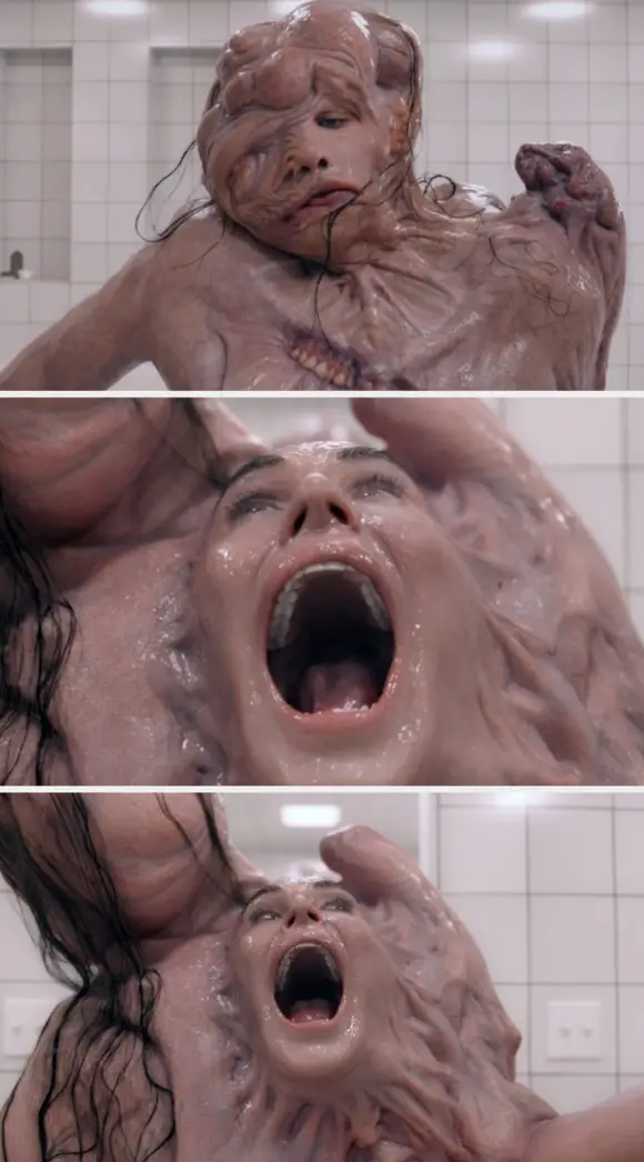 Margaret undergoing a dramatic body transformation, with facial and body distortions