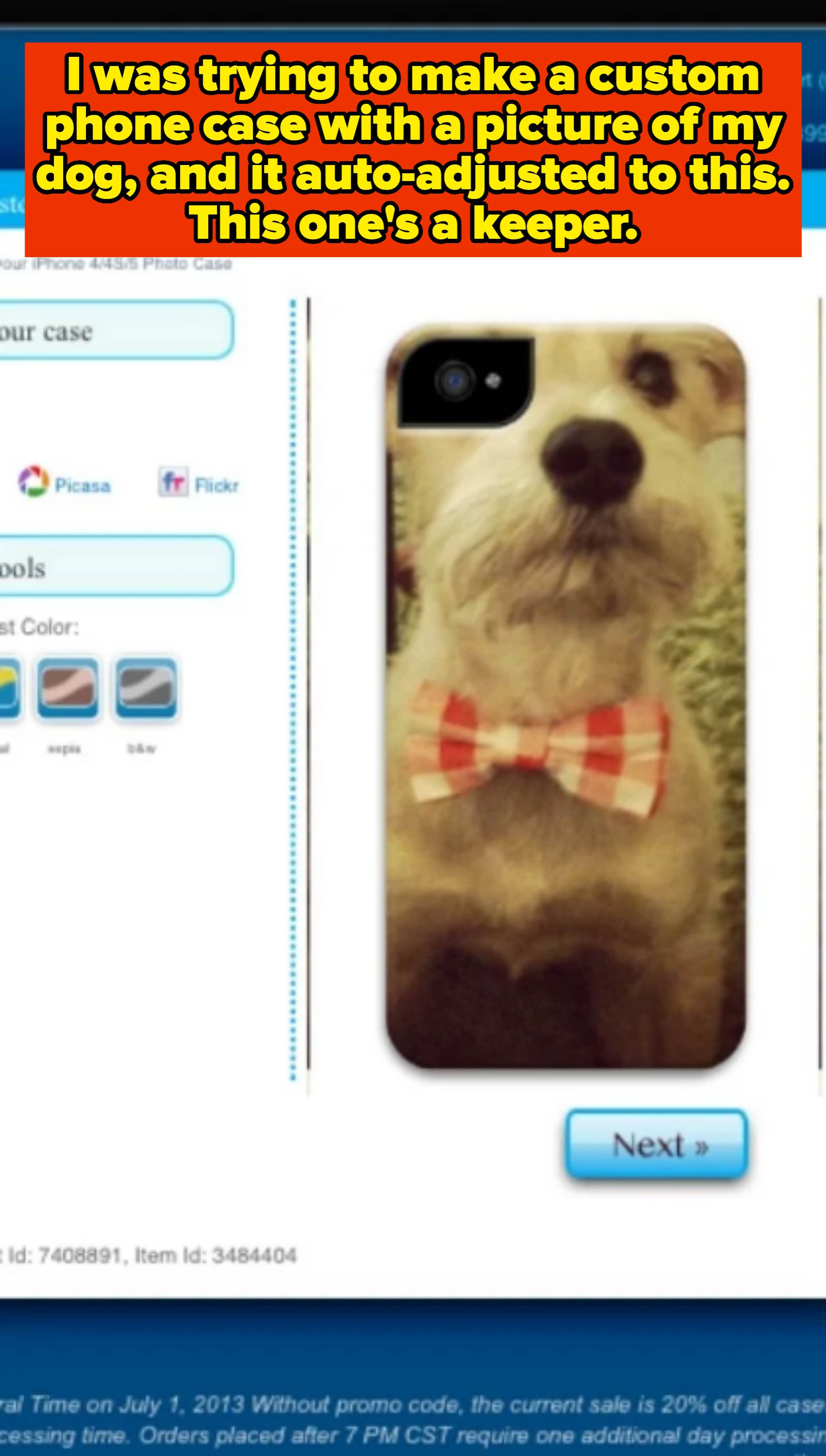 Dog wearing a bow tie on a custom phone case, with hole for camera right where their right eye is. Caption: "I was trying to make a custom phone case with a picture of my dog, and it auto-adjusted to this. This one's a keeper"