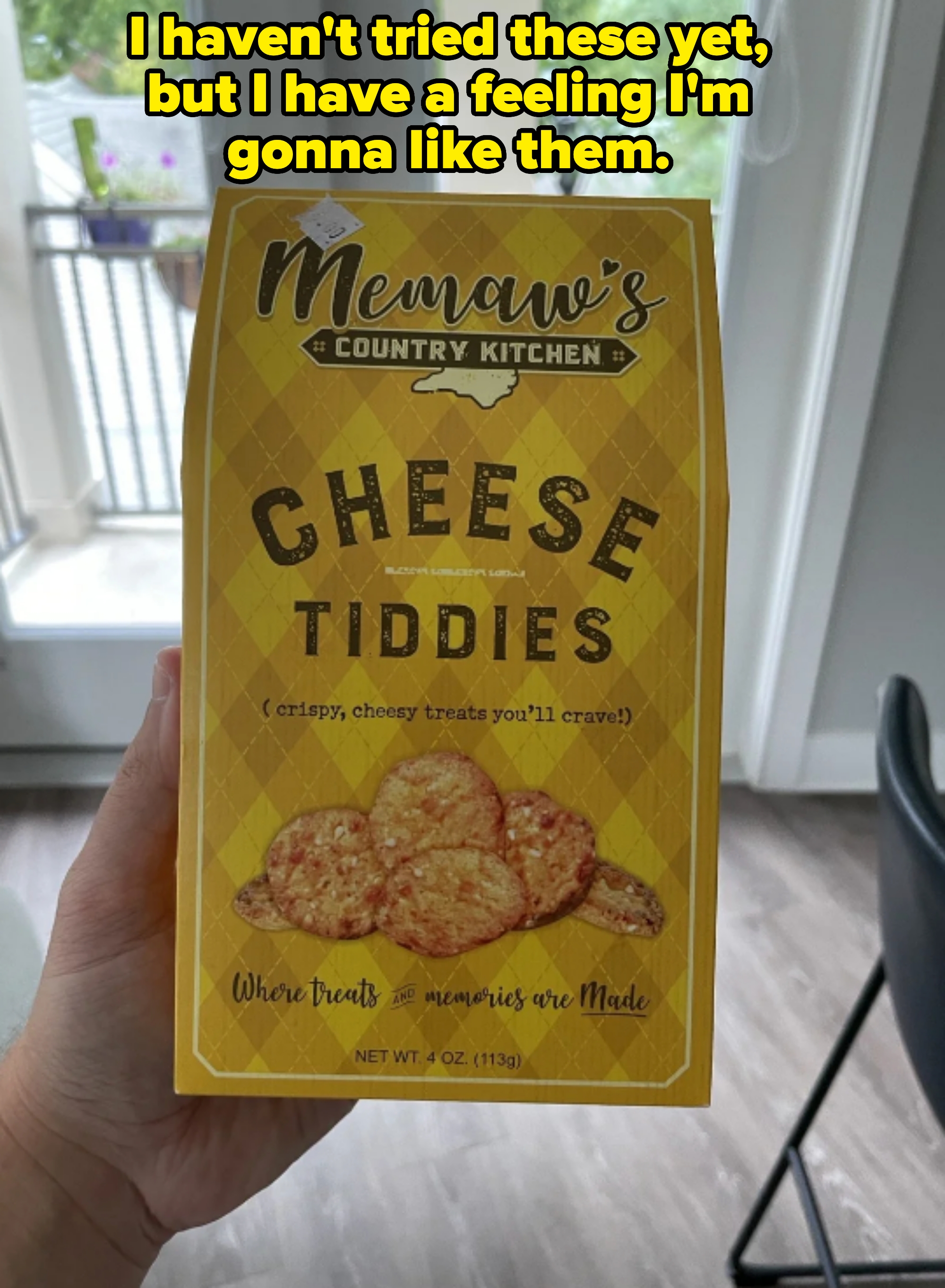 Box of "Cheese Tiddies" snacks from Memaw's Country Kitchen. Caption: "I haven't tried these yet, but I have a feeling I'm gonna like them"