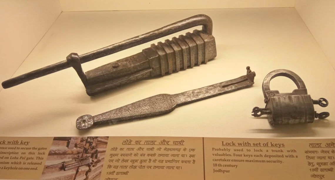 Ancient locks and keys displayed with descriptive text on their historical significance and origins from Jodhpur, 19th-century