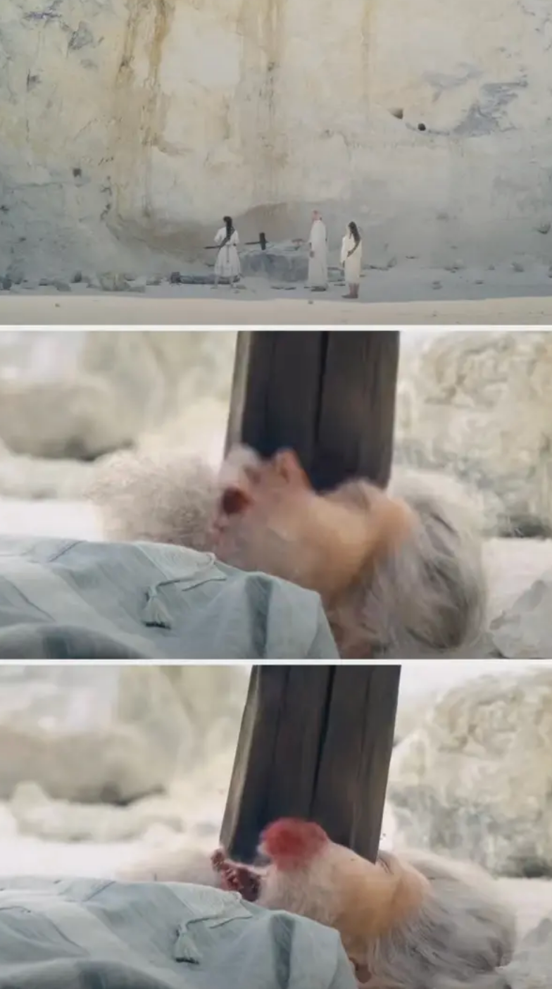 a mallet smashes the man's head in