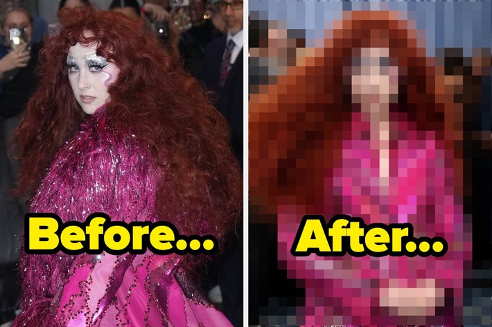 A person on a red carpet in a voluminous, glittering outfit. The image is split with &ldquo;Before&hellip;&rdquo; and &ldquo;After&hellip;&rdquo; text overlaid