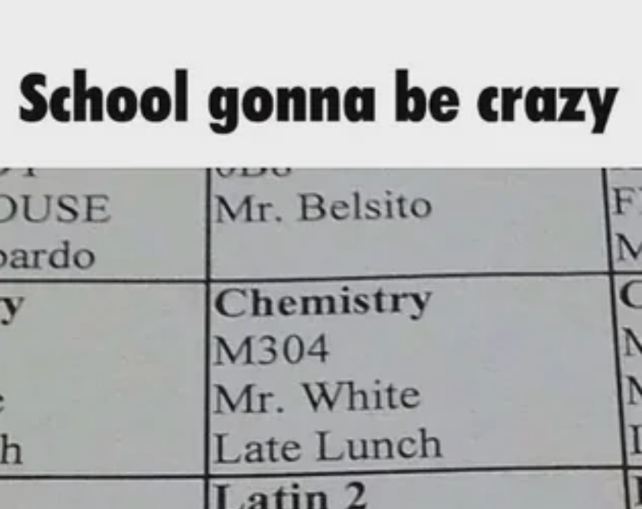 Class schedule showing Chemistry with Mr. White captioned "School gonna be crazy"
