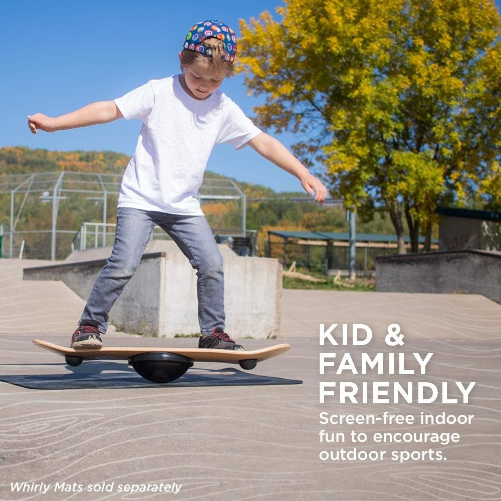 Child balancing on a board in a park, promoting family-friendly, screen-free outdoor sports. Text: "KID &amp;amp; FAMILY FRIENDLY... Whirly Mats sold separately."
