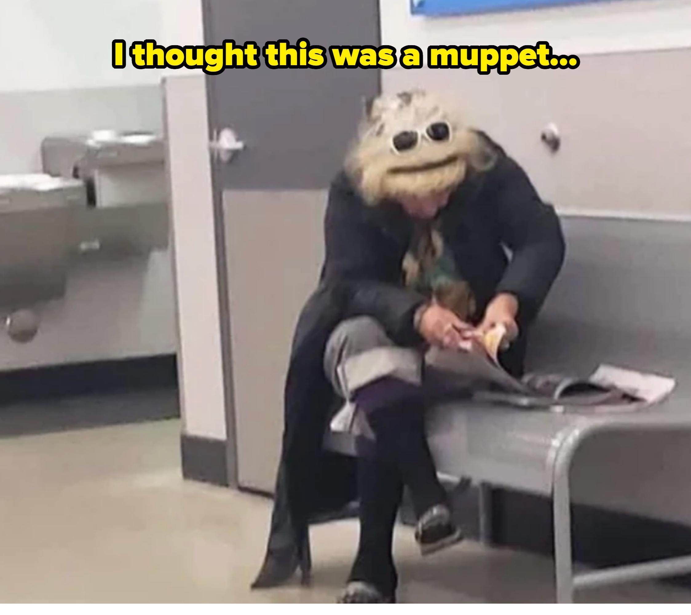 Person sitting on a bench, focused on reading a newspaper; from this angle, the top of their head looks like a muppet's face. Caption: "I thought this was a muppet"
