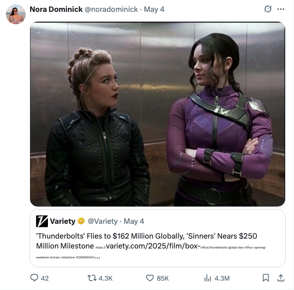 A photo of Yelena and Kate Bishop looking at each other in reference to Thunderbolts and Sinners both making money at the box office