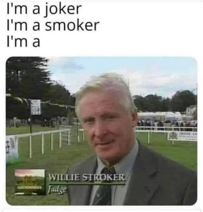 Image showing a man with text overlay: "I'm a joker, I'm a smoker, I'm a…" with an absurd name below: "Willie Stroker, judge"