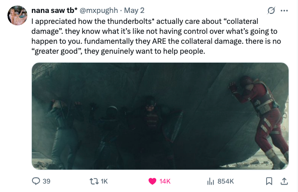 Tweet about the Thunderbolts in movies, praising their concern for "collateral damage" and genuine desire to help people