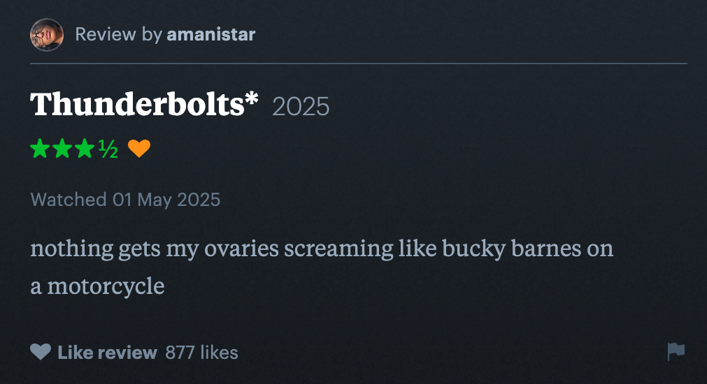 A Letterboxd review reading, "Nothing gets my ovaries screaming like Bucky Barnes on a motorcycle"