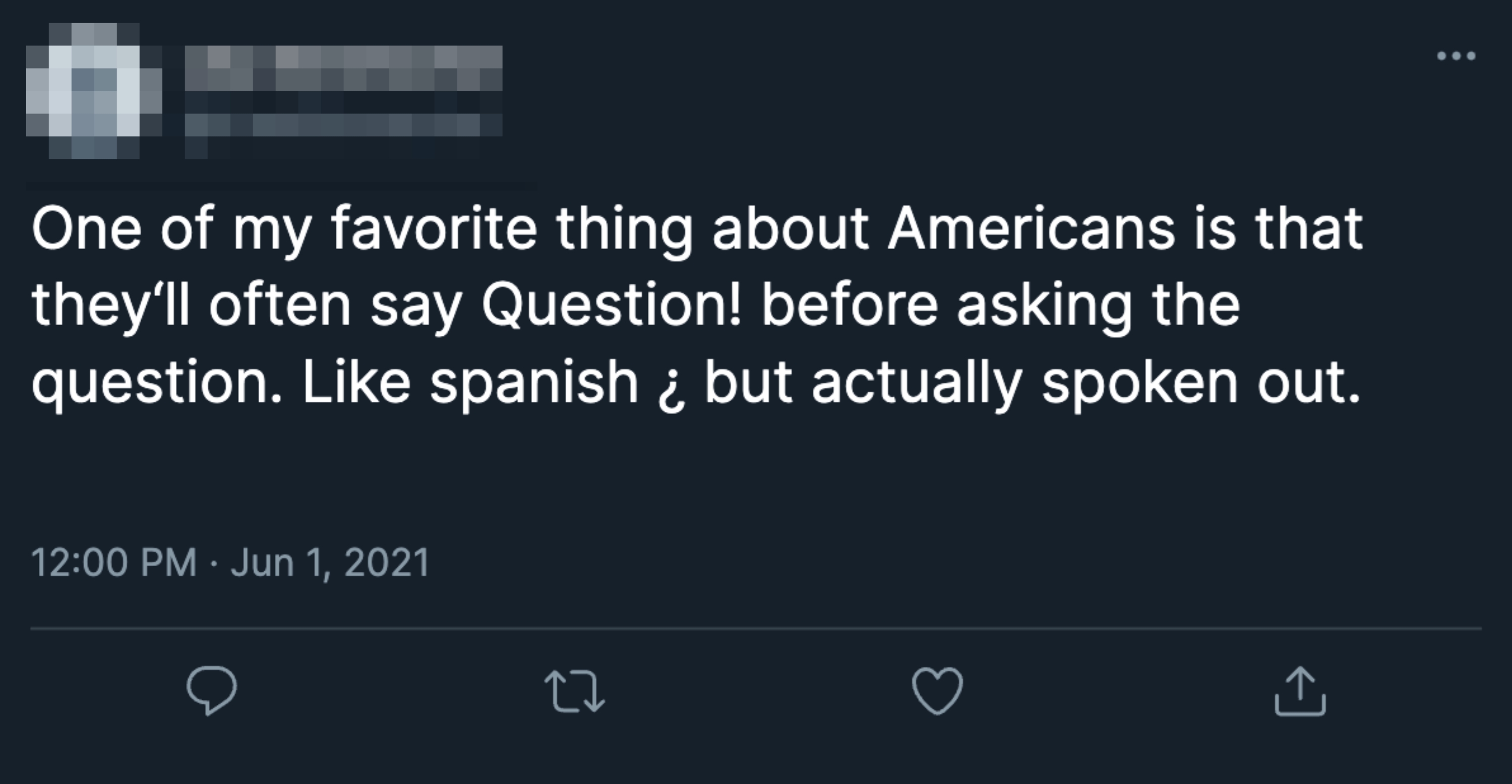 Tweet by Lisa Schemechel: "One of my favorite things about Americans is they'll often say 'Question!' before asking the question, like Spanish '¿' but spoken."