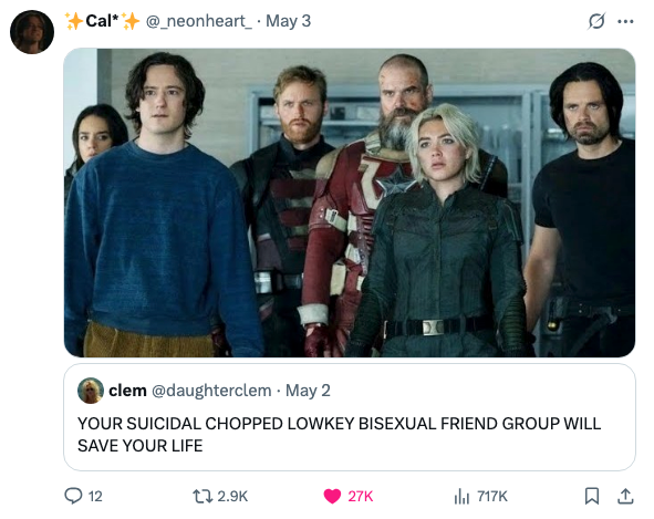 Thunderbolts stand together; tweet reads: "YOUR SUICIDAL CHOPPED LOWKEY BISEXUAL FRIEND GROUP WILL SAVE YOUR LIFE"