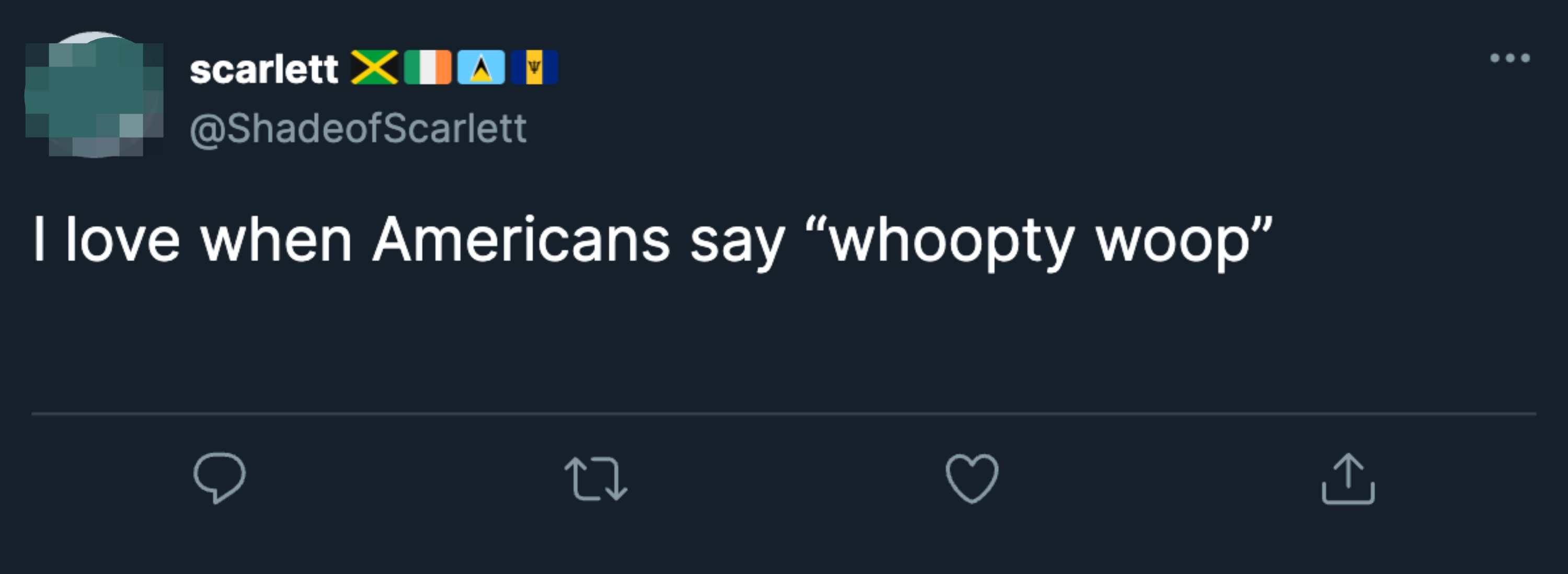 Tweet expressing enjoyment of the phrase "whoopty woop" commonly used by Americans