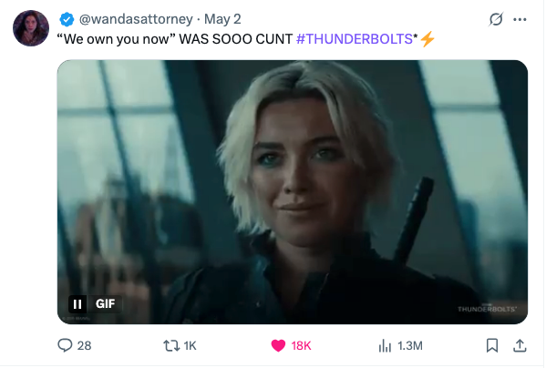 Yelena smiling with the caption, "'We own you now' was sooo cunt"