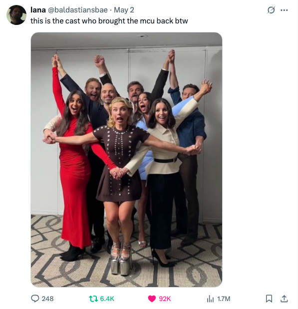 The Thunderbolts cast making goofy. faces and forming a asterisk with the caption, "This is the cast who brought the mcu back btw"