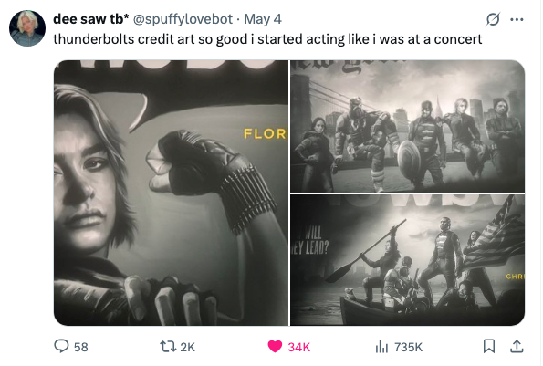A tweet with three pieces of art featuring the Thunderbolts with the caption: "thunderbolts credit art so good i started acting like i was at a concert."