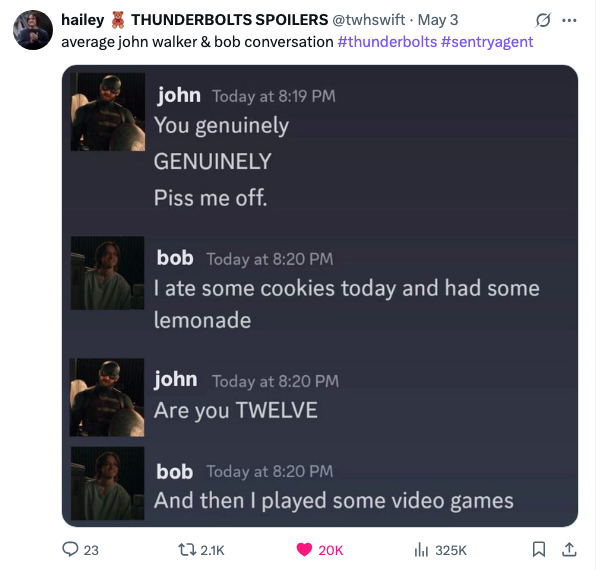 Screenshot of a humorous exchange between John and Bob, discussing irritations and Bob's day involving lemonade and video games