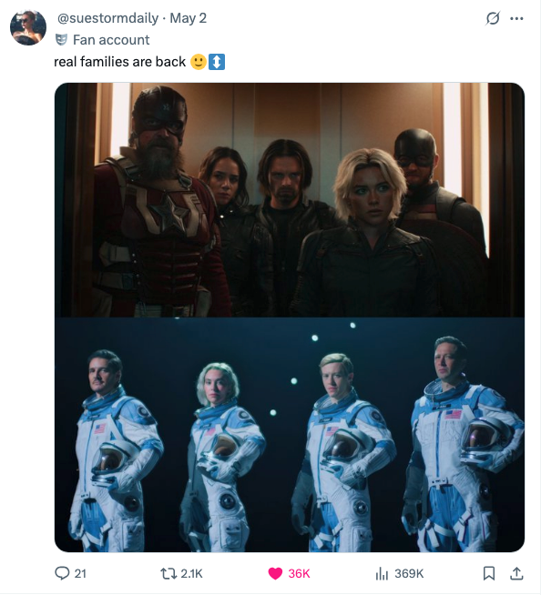 Photos of the Thunderbolts and Fantastic Four with the caption, "real families are back"