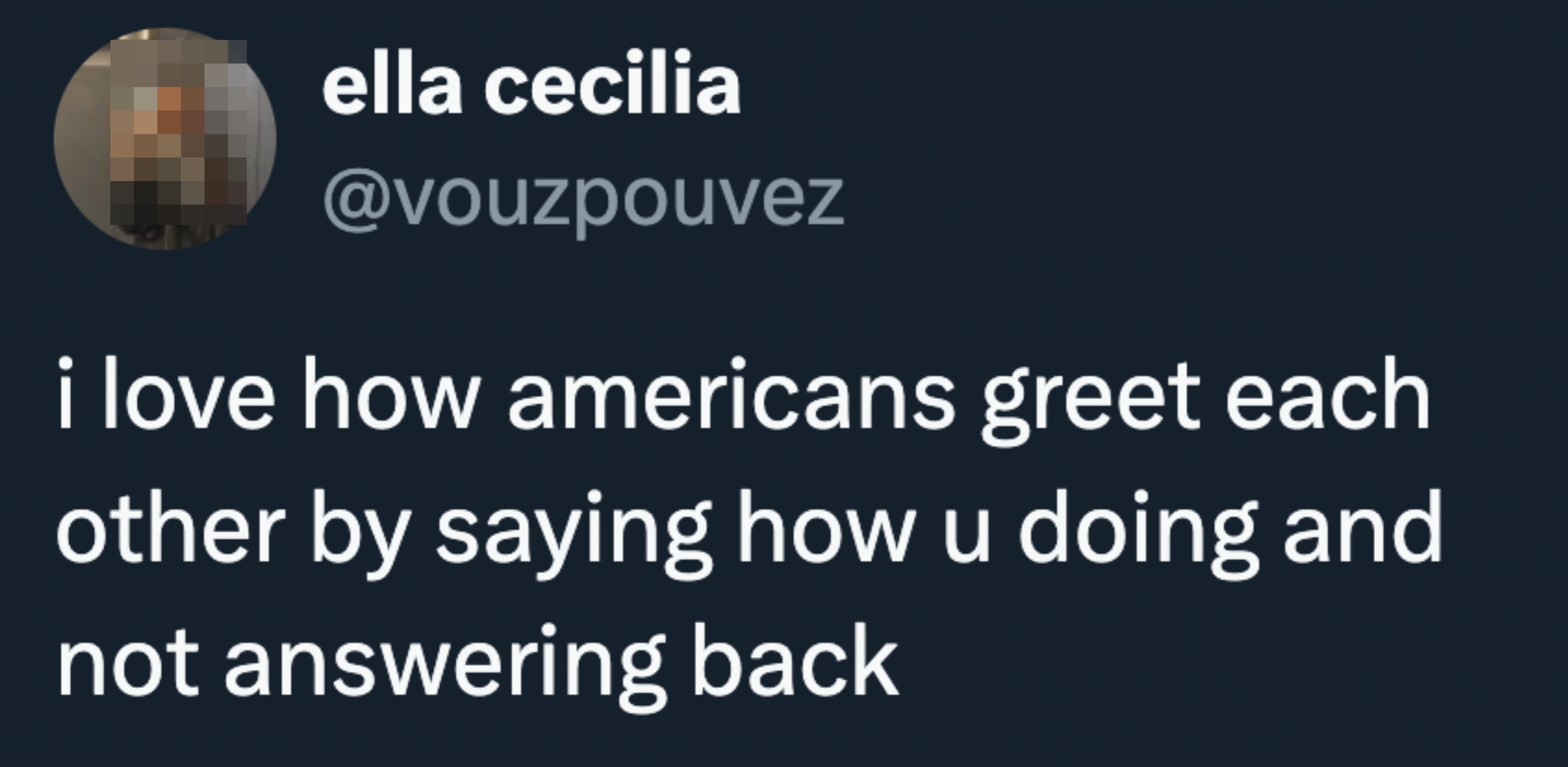 A social media post by ella cecilia states: "I love how Americans greet each other by saying how u doing and not answering back."