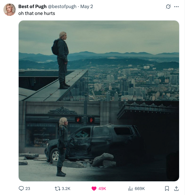 Side-by-sides showing Yelena on the edge of the roof of a building vs. about to walk into the Void