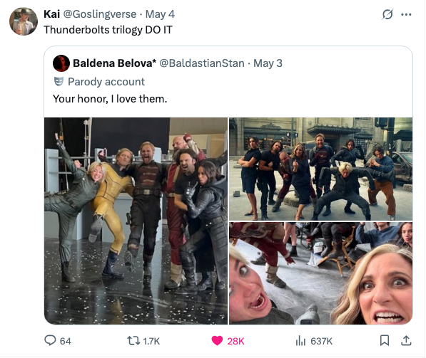 Tweet showing Thunderbolts cast goofing around on set, with a caption saying, "Your honor, I love them." And someone asking for a Thunderbolts trilogy
