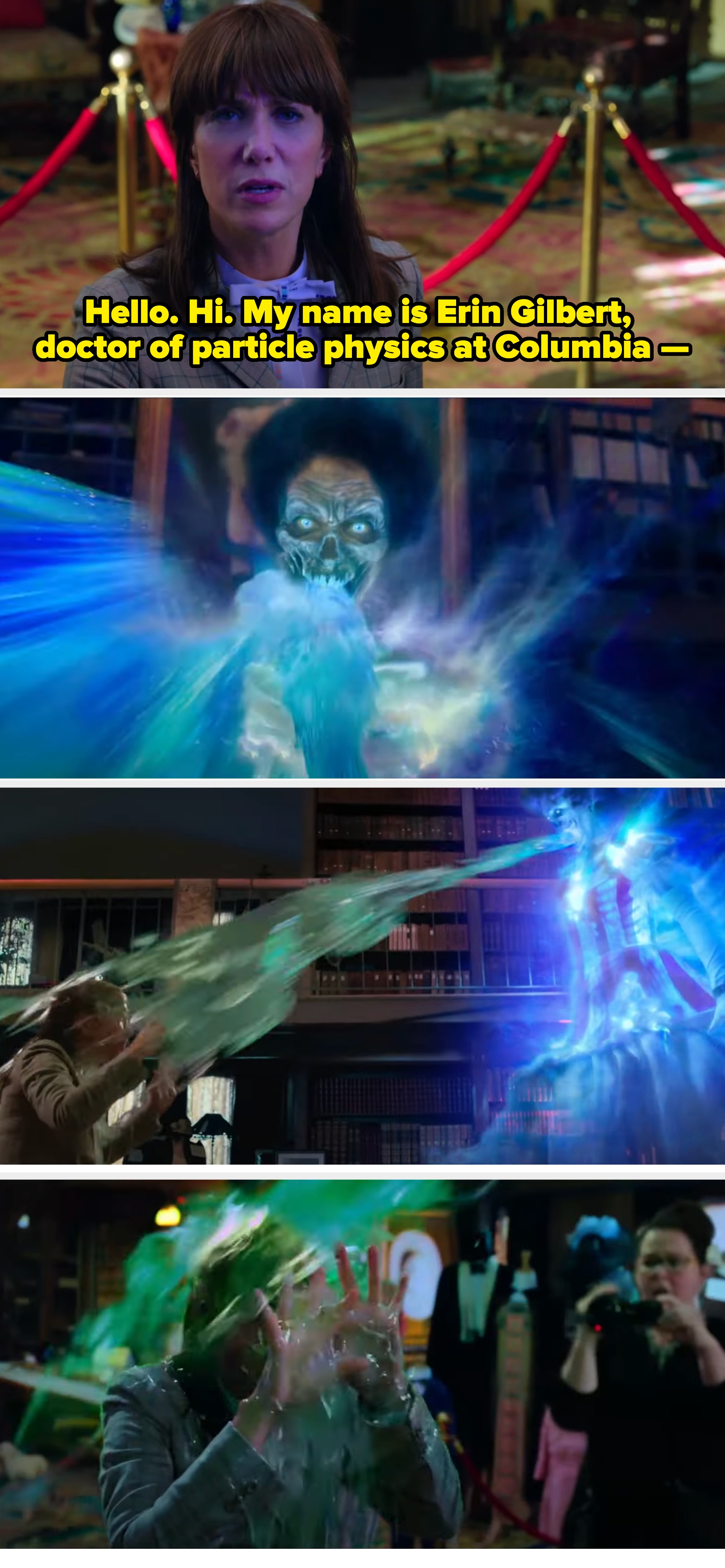 Kristen Wiig introduces herself to a ghost, who cuts her off and vomits slimy ectoplasm at her