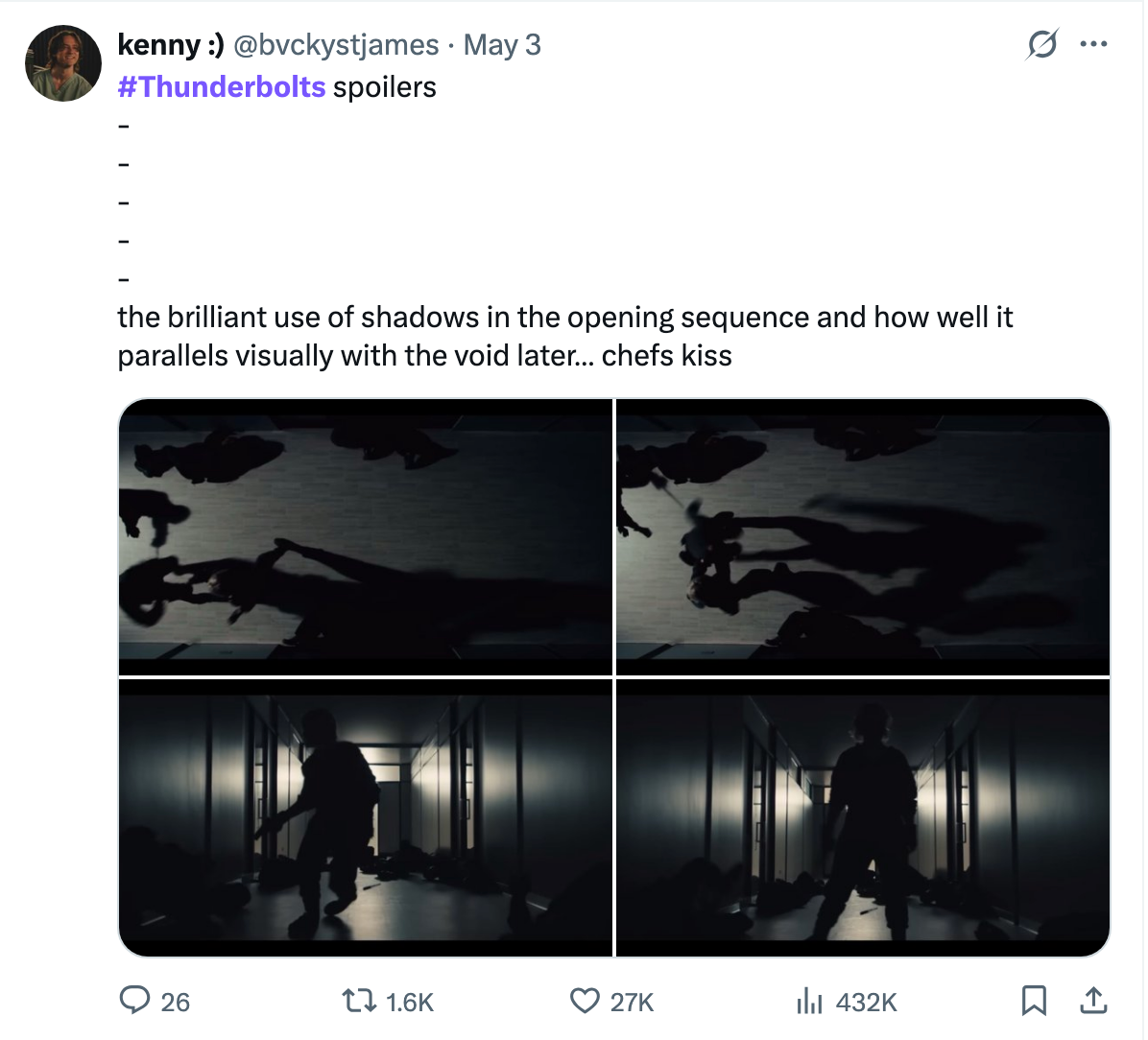 Tweet discussing #Thunderbolts spoilers, praising the use of shadows in the opening sequence and its visual parallel with the void later