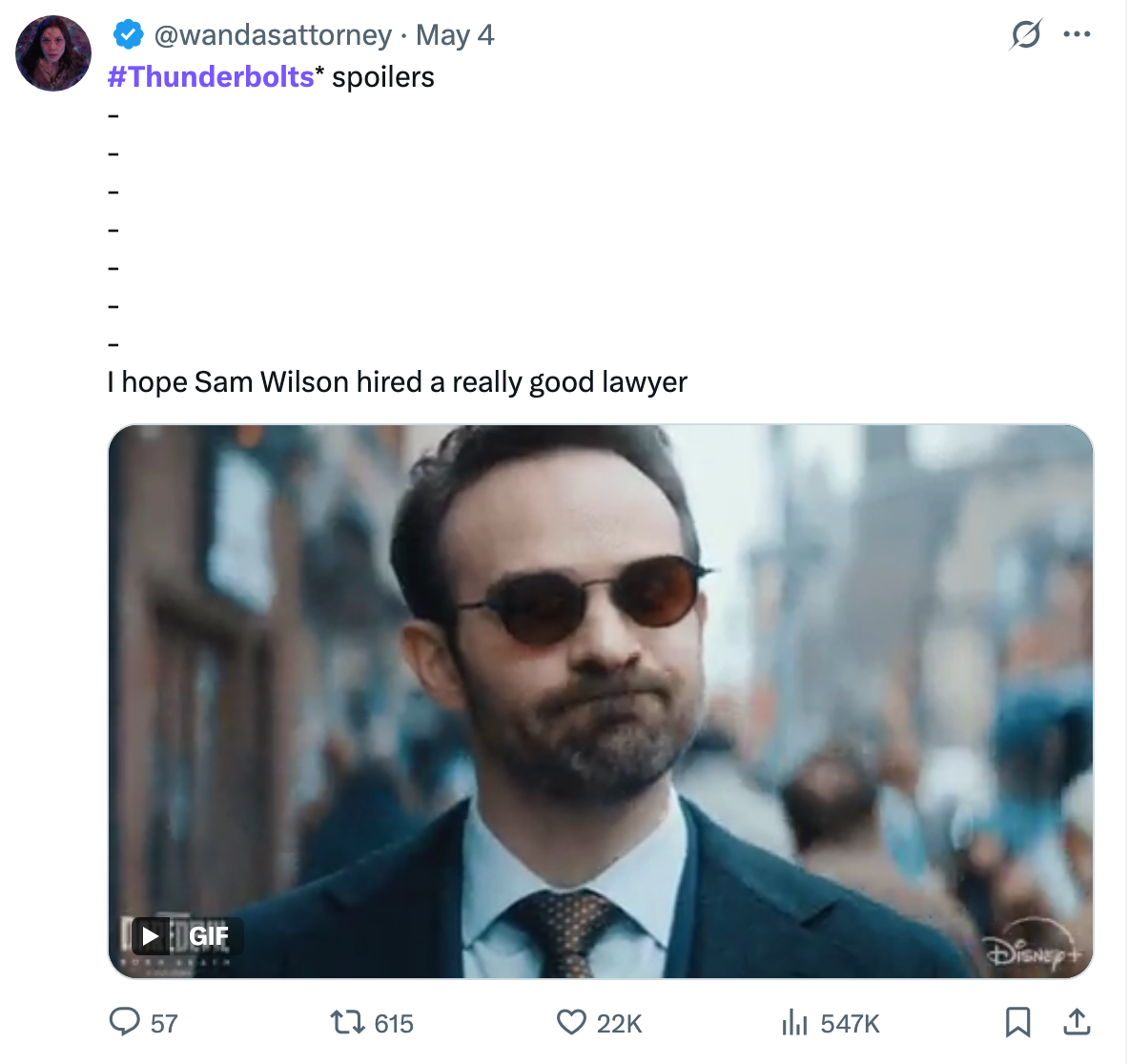 Tweet with Thunderbolts spoiler joke about Sam Wilson needing a good lawyer, featuring a GIF of Matt Murdock