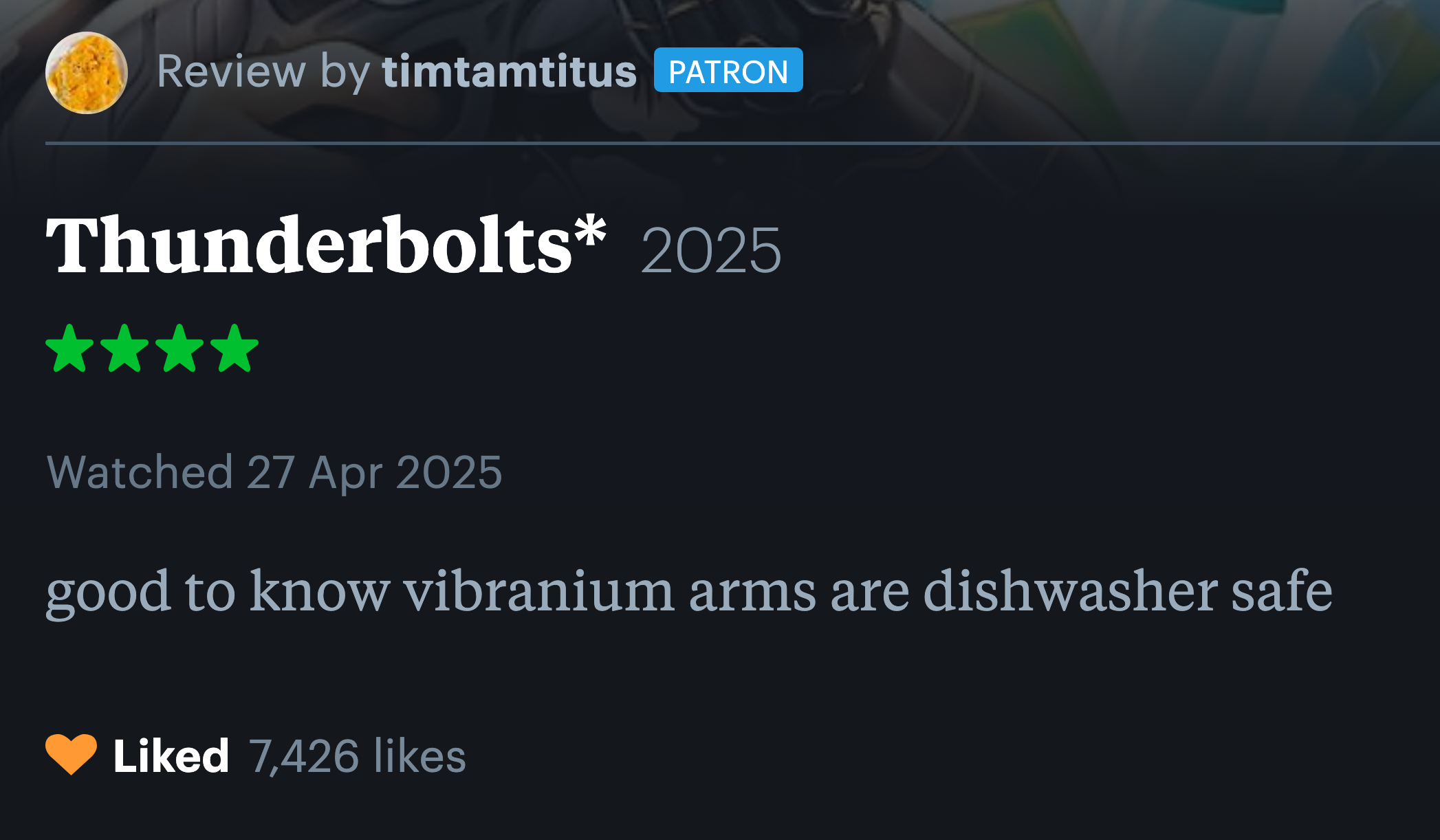 A Letterboxd review reading, "Good to know vibranium arms are dishwasher safe"