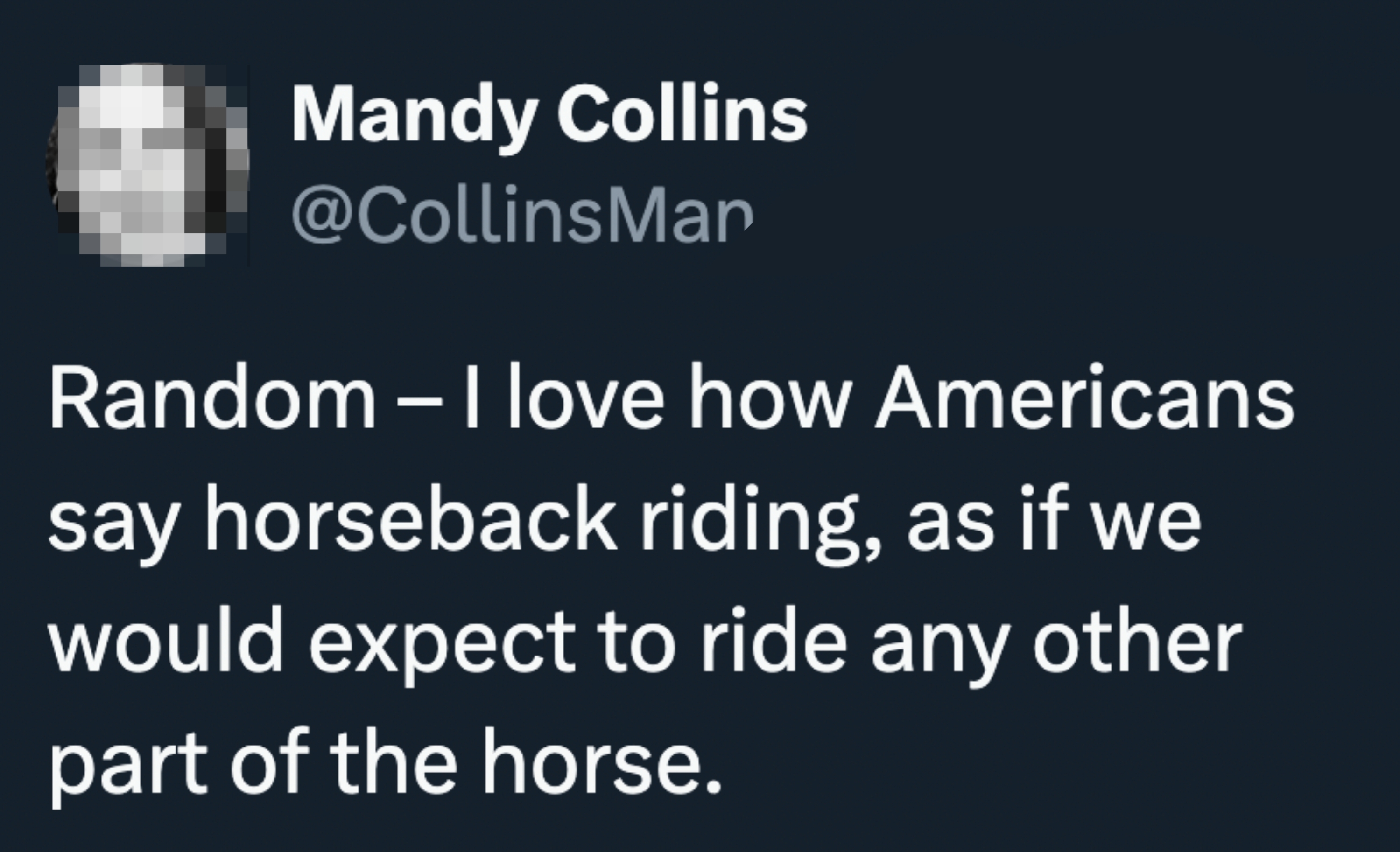 Tweet by Mandy Collins humorously questioning why Americans say "horseback riding" as if riding other parts of a horse is an option